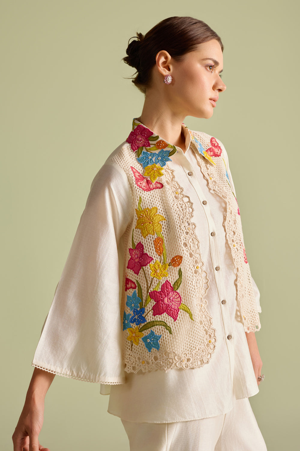 Ivory Floral Mesh Layered Shirt