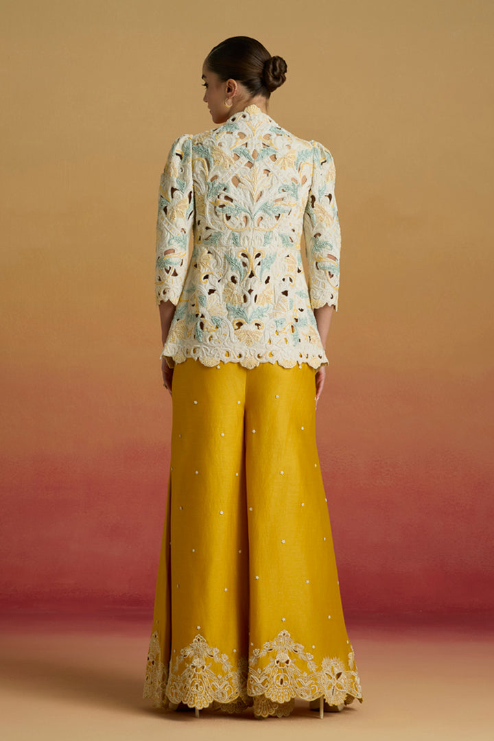 Yellow Contrast Cutwork Sharara