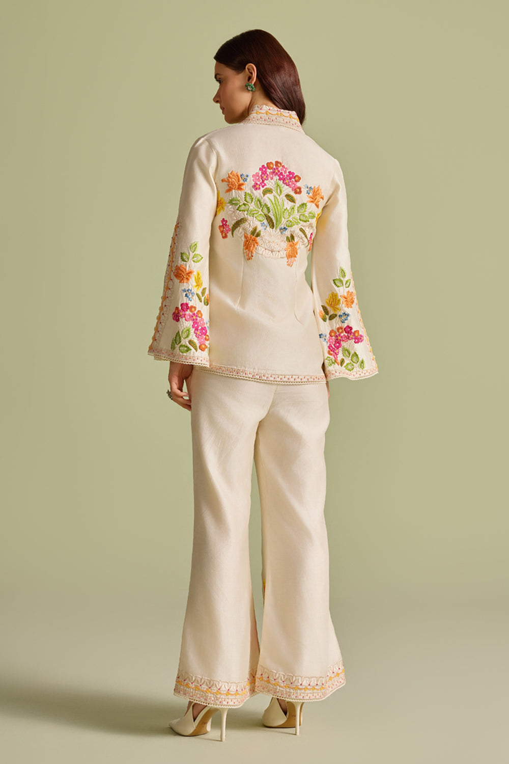 Ivory Floral Threadwork Bell Bottom Pants