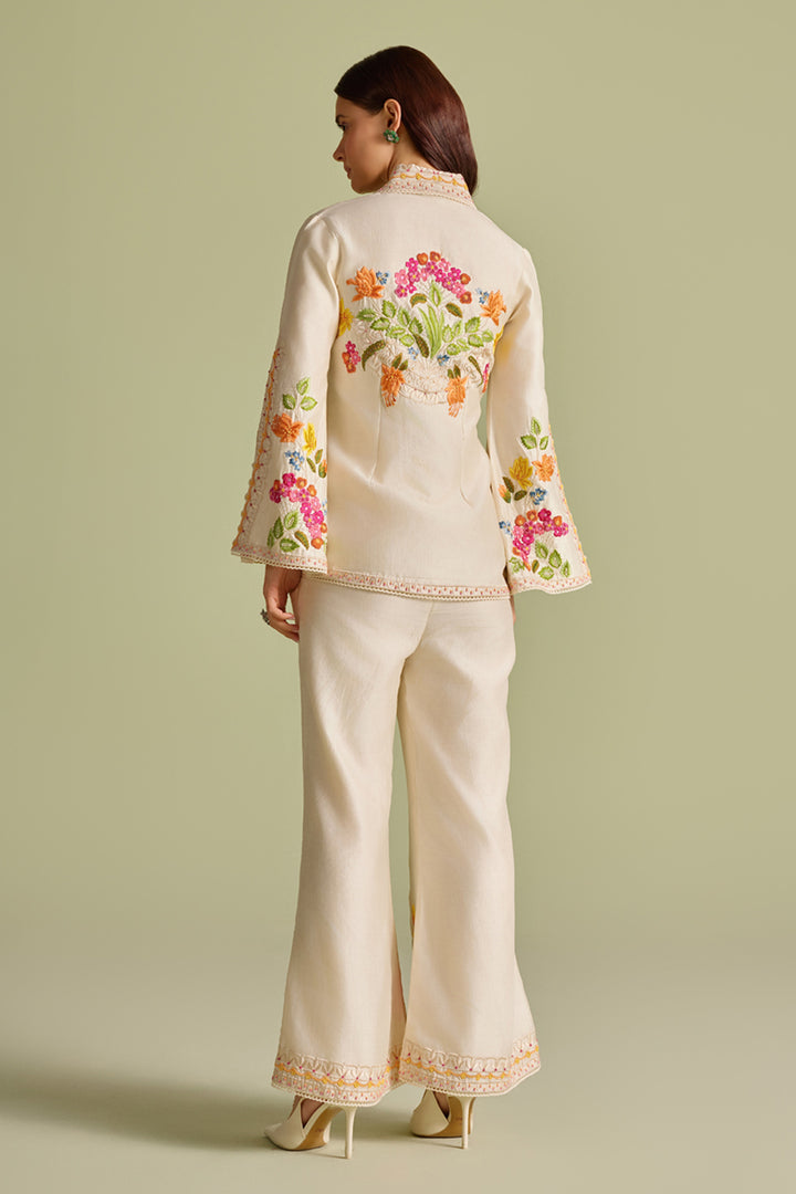 Ivory Floral Threadwork Bell Bottom Pants