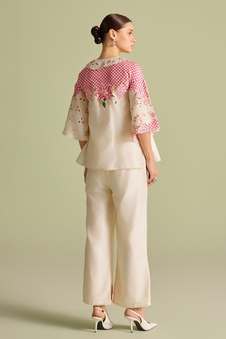 Ivory and Fuchsia Checkered Applique Shirt