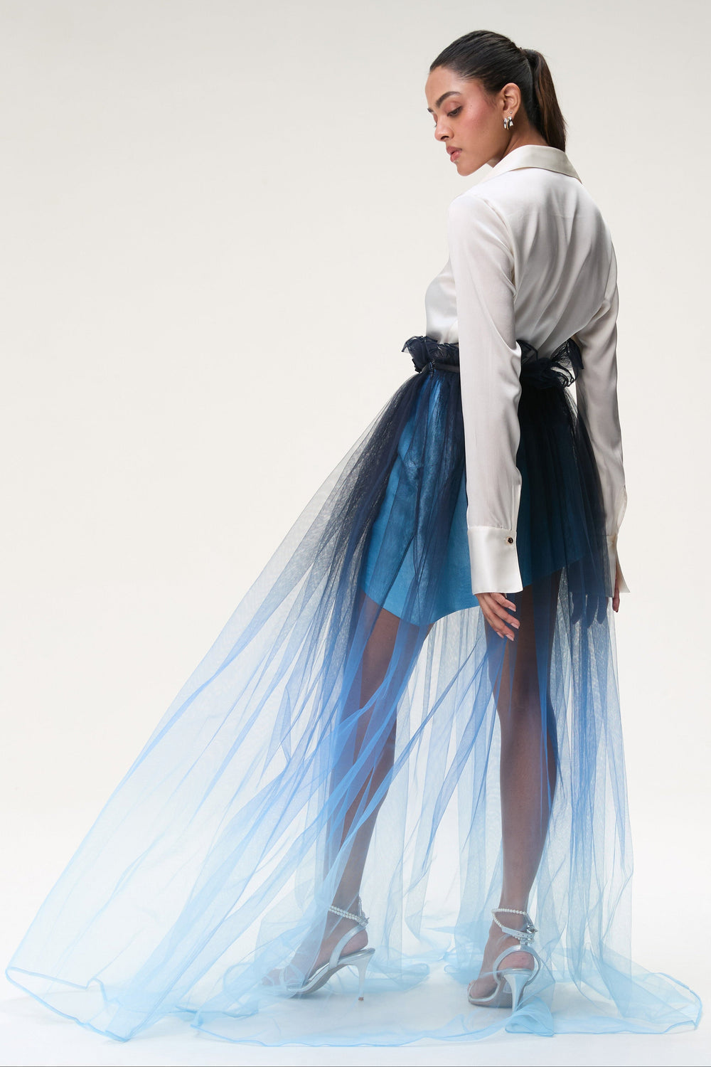 Ivory Silk Shirt & Midnight Blue Ombre Tulle Skirt