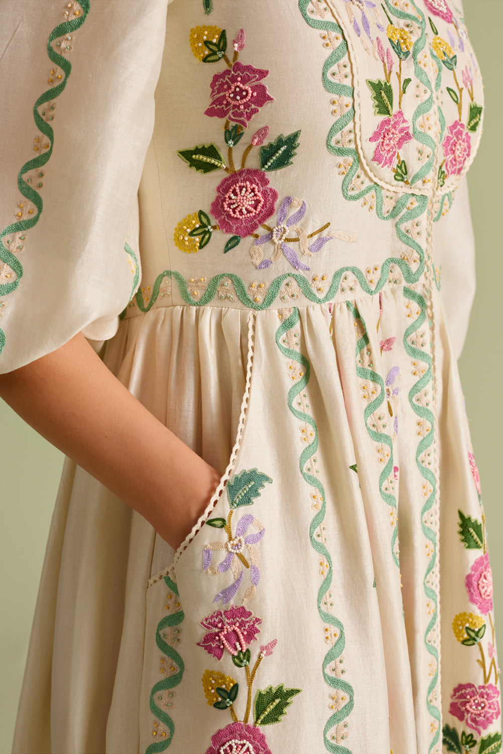 Ivory Floral Vines Midi Dress