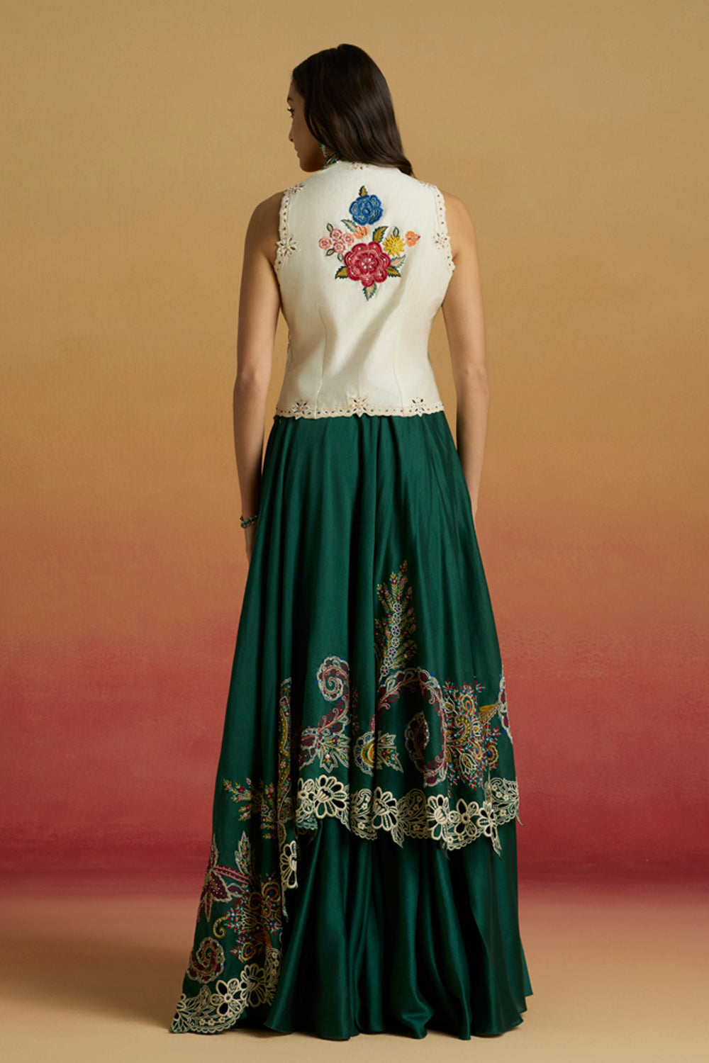Emerald Green Paisley Embroidered Layered Lehenga