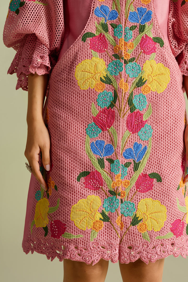 Pink Applique Mesh Layered Short Dress