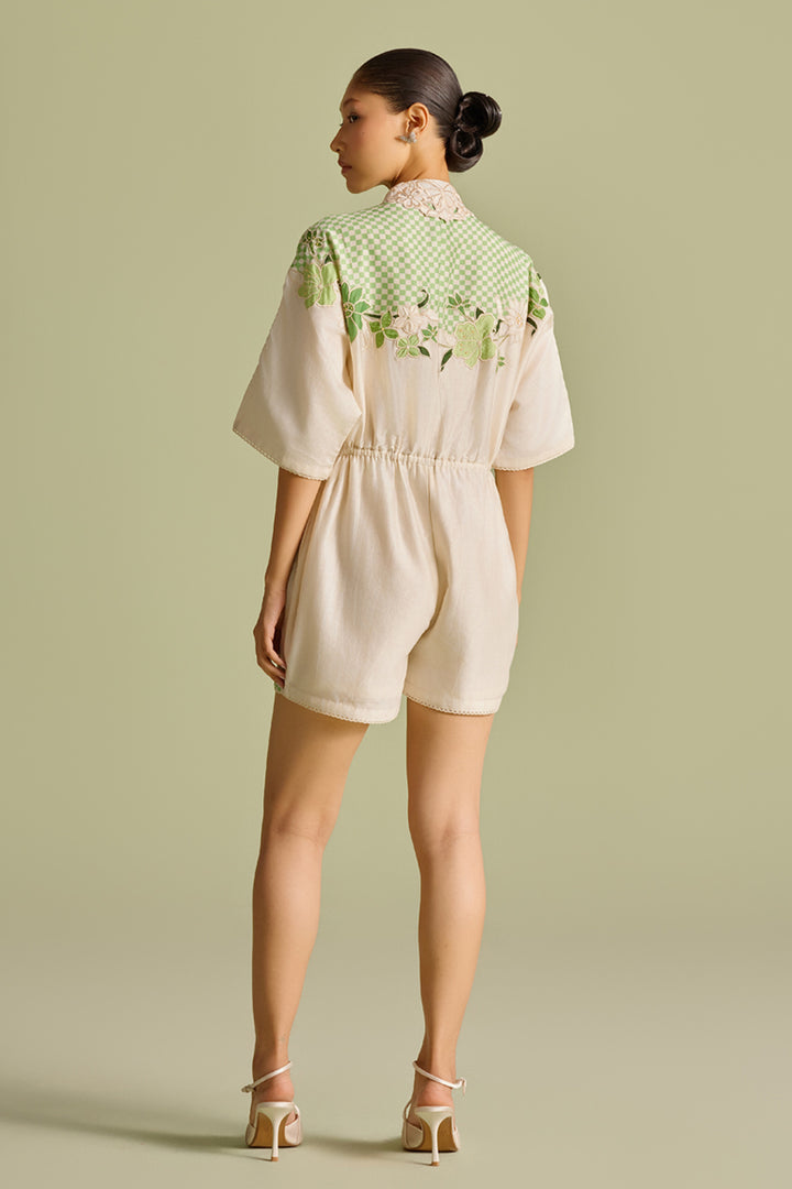 Ivory and Mint Checkered Embroidered Playsuit