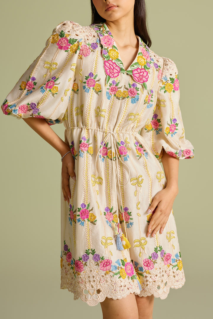 Ivory Floral Striped Short Shirt Dress