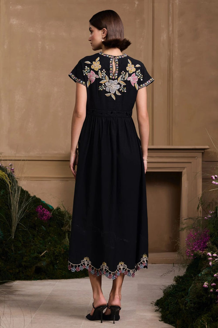 Black Floral Embroidered Midi Dress