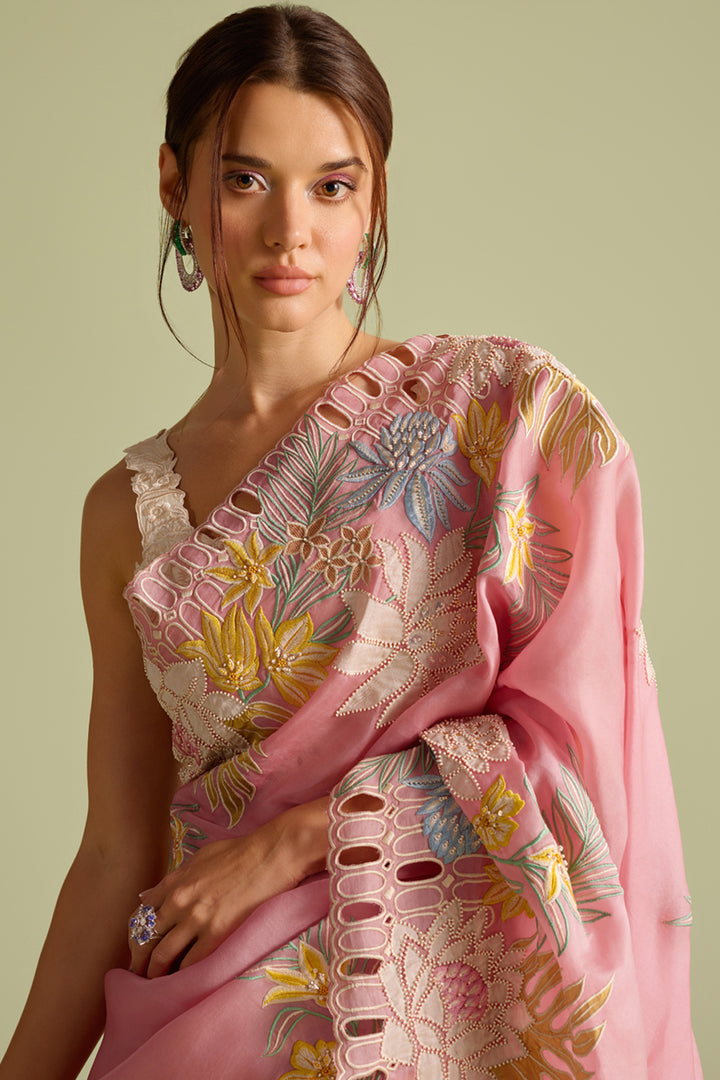 Pink Contrast Applique Embroidered Saree