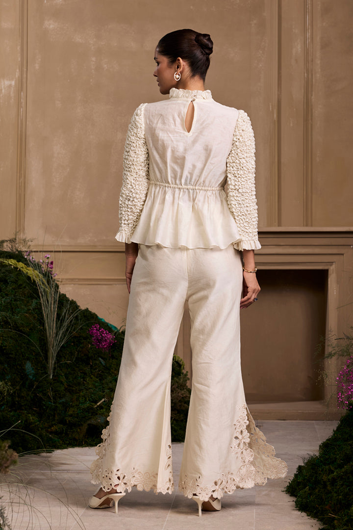 Ivory Floral Cutwork Bell Bottom Pants