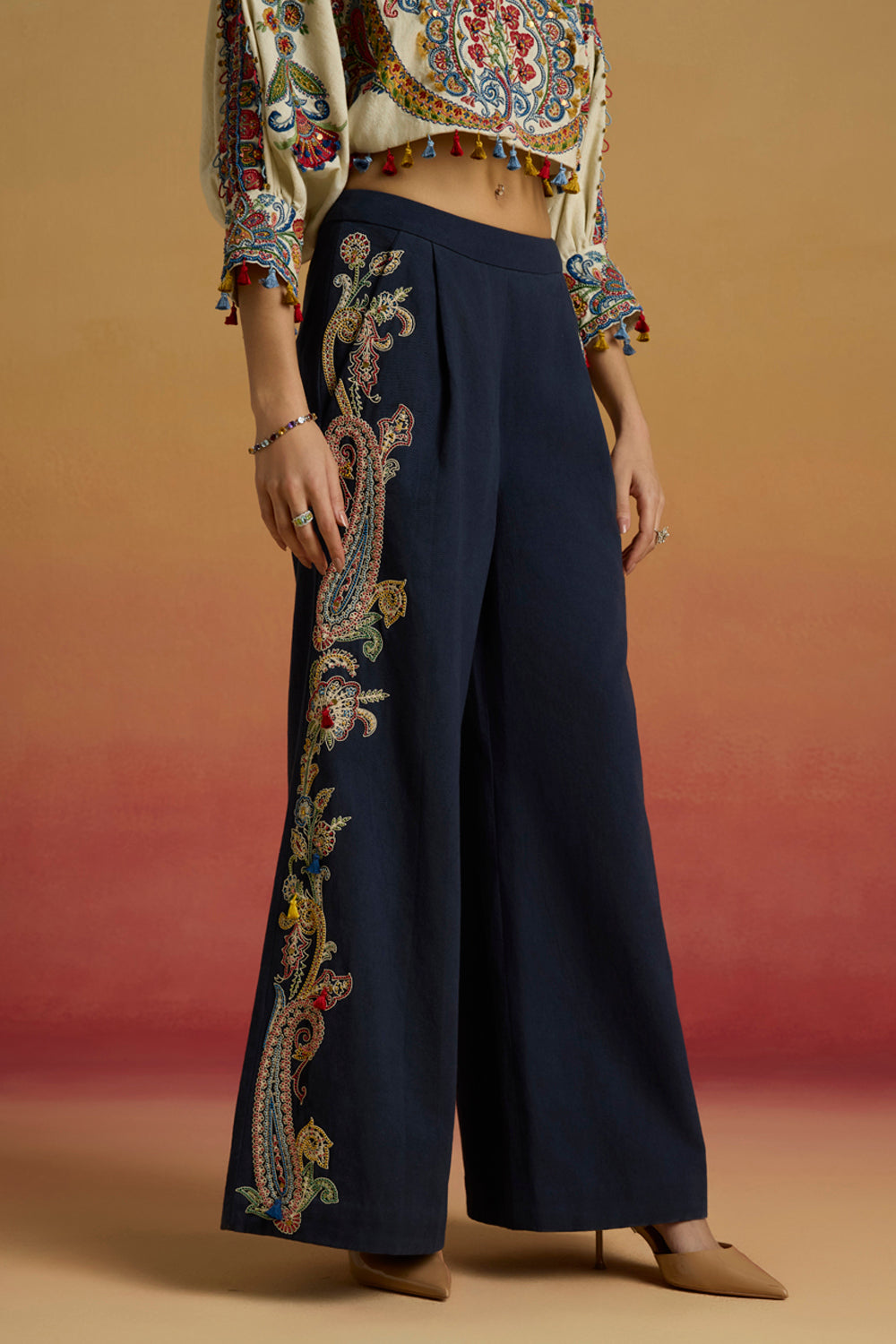 Indigo Contrast Paisley Flared Pants