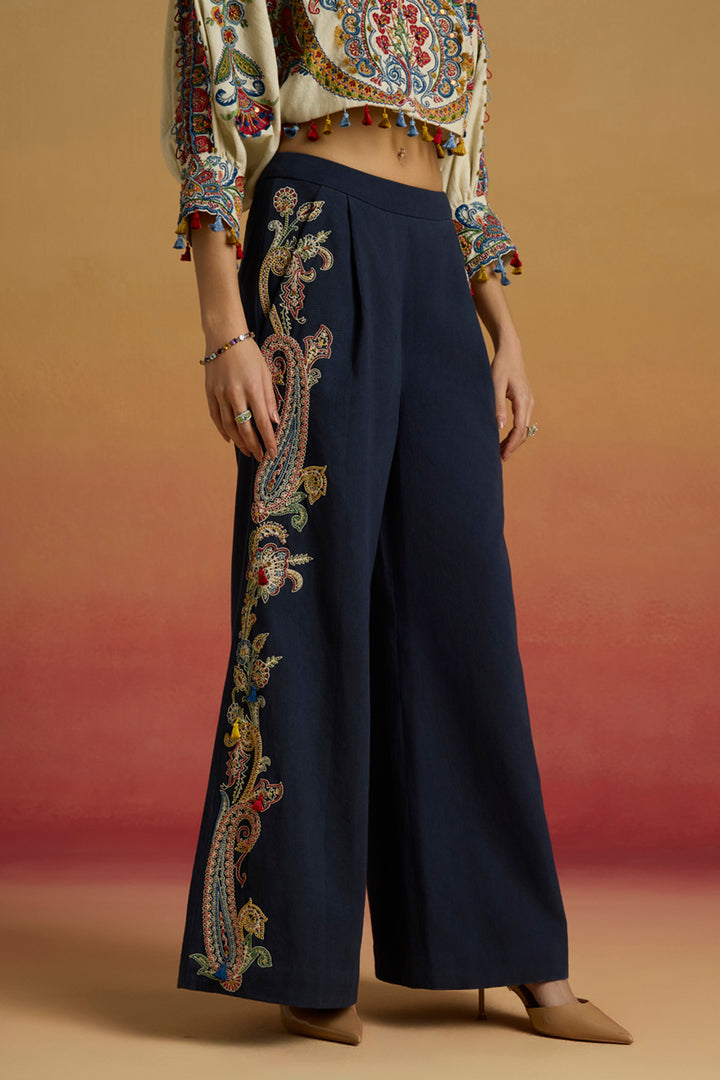Indigo Contrast Paisley Flared Pants