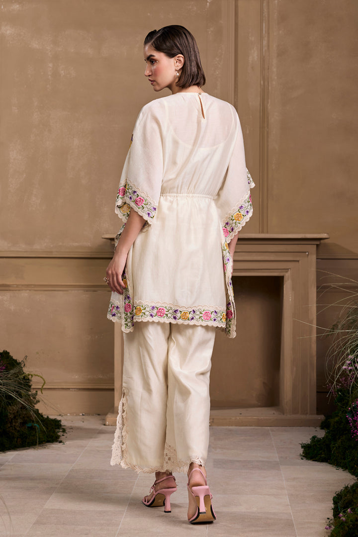 Ivory Floral Embroidered Yoke Detail Kaftan