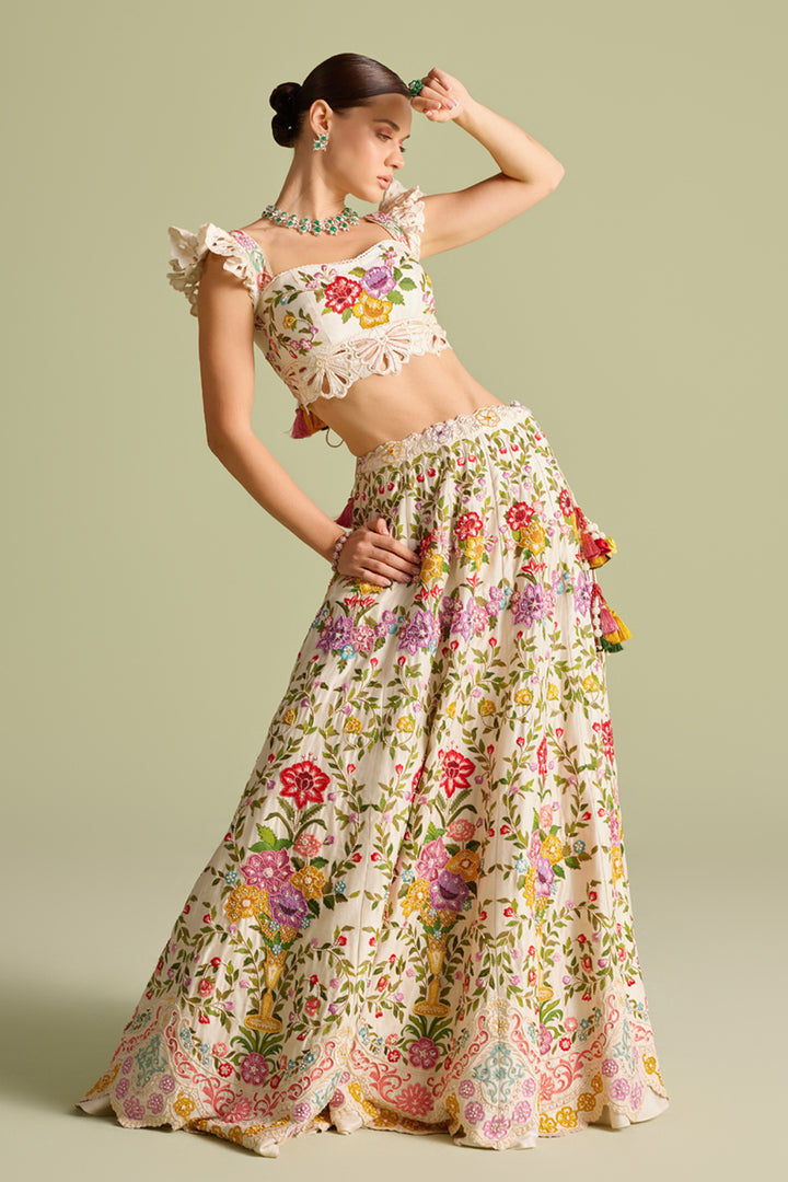 Ivory Multicolour Floral Threadwork Lehenga