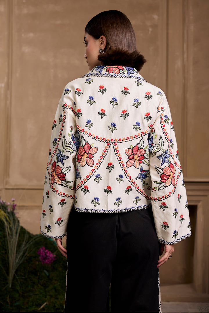 Ivory Contrast Panel Floral Short Jacket