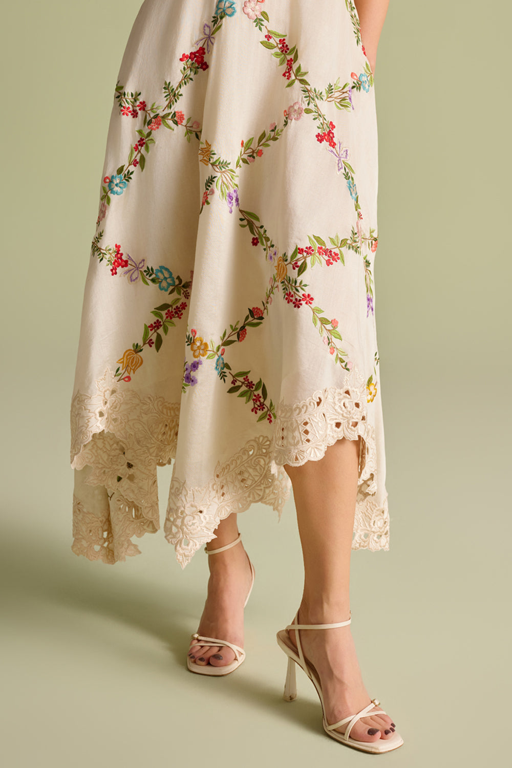 Ivory Floral Vines Embroidered Ruched Dress