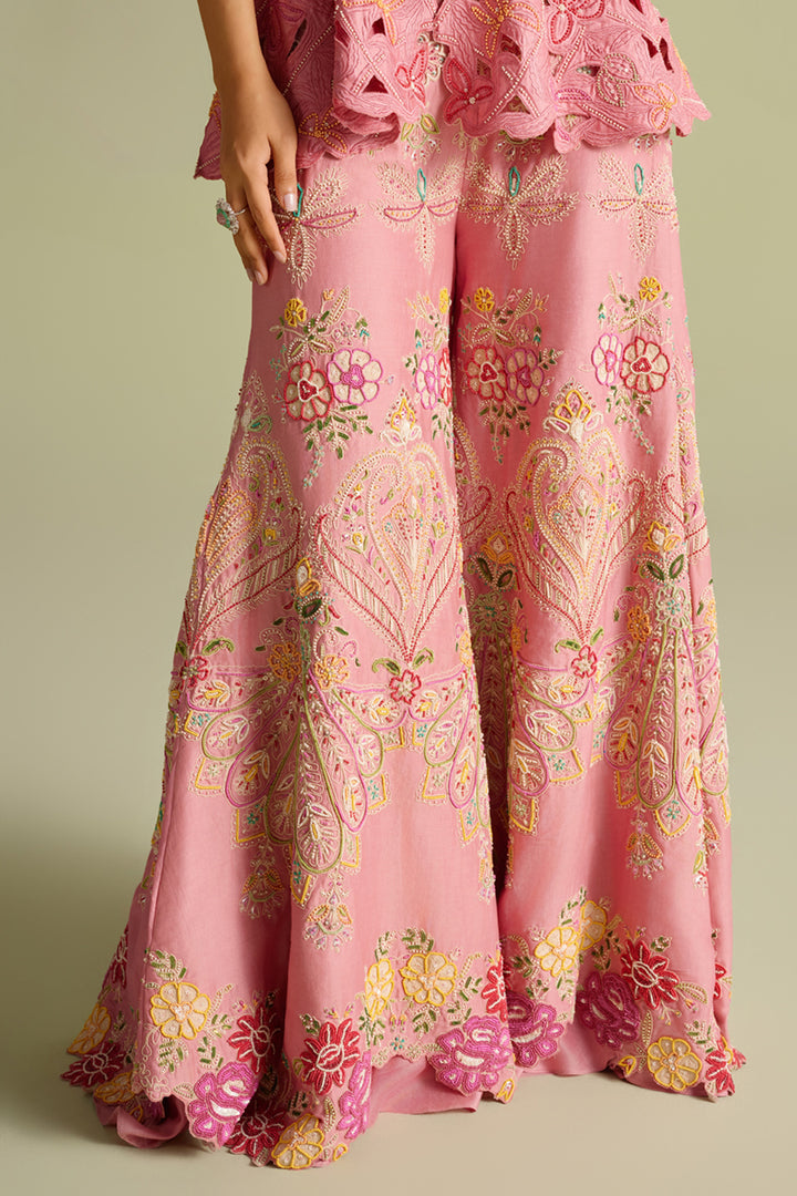 Pink Contrast Cordwork and Beadwork Sharara Pants