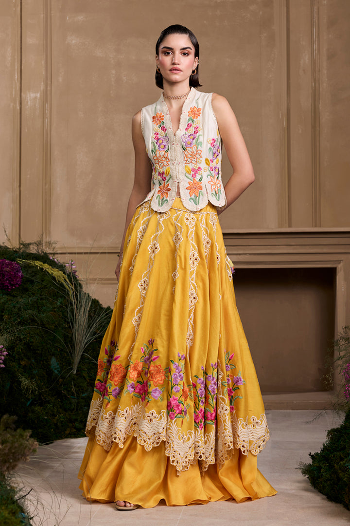 Yellow Floral Embroidered Layered Lehenga