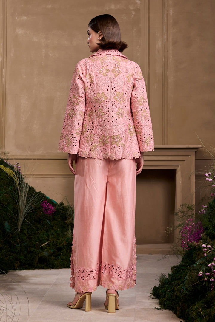 Rose Pink Metallic Applique and Cutwork Flared Jacket