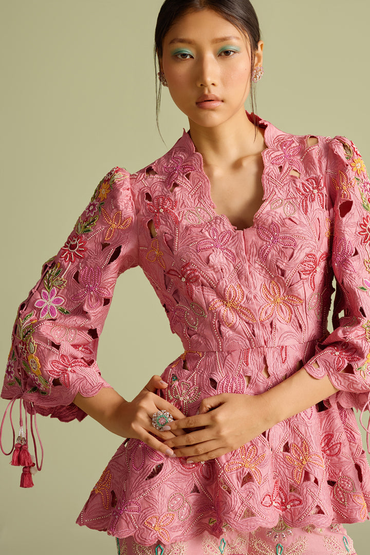 Pink Cutwork Peplum Jacket