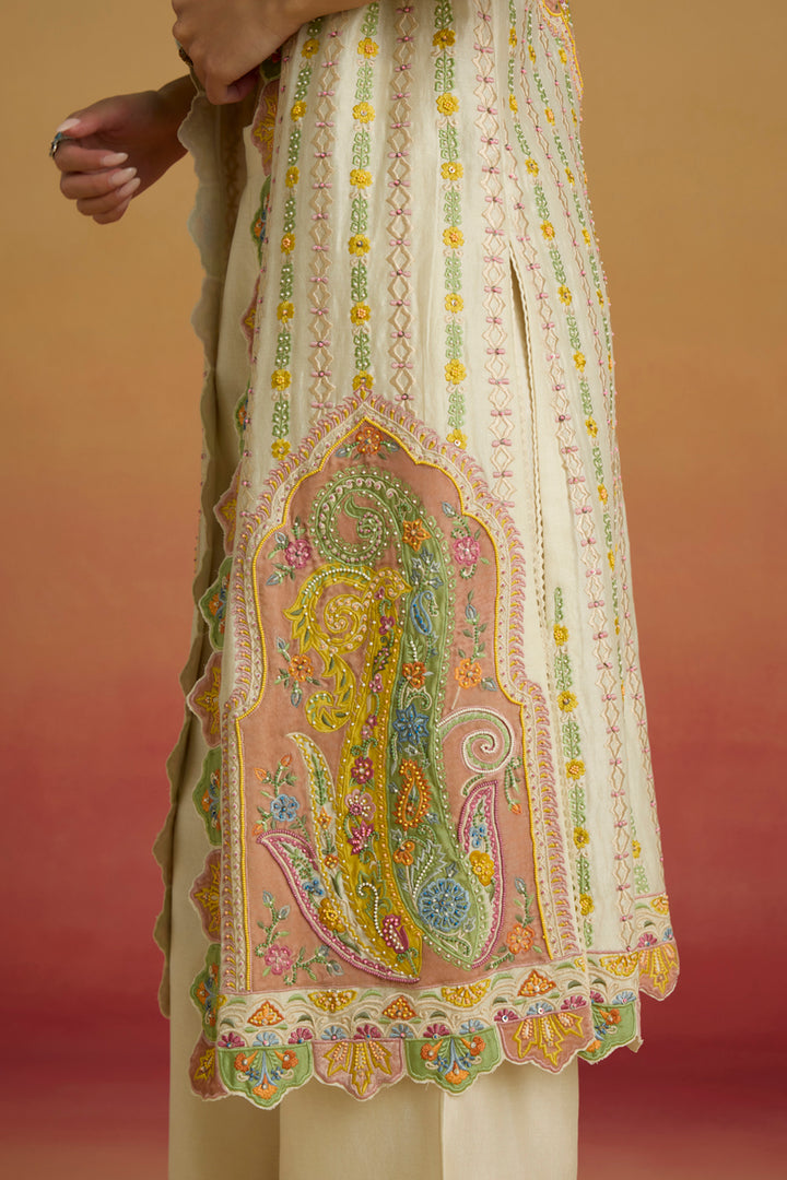 Ivory Applique Striped Long Jacket