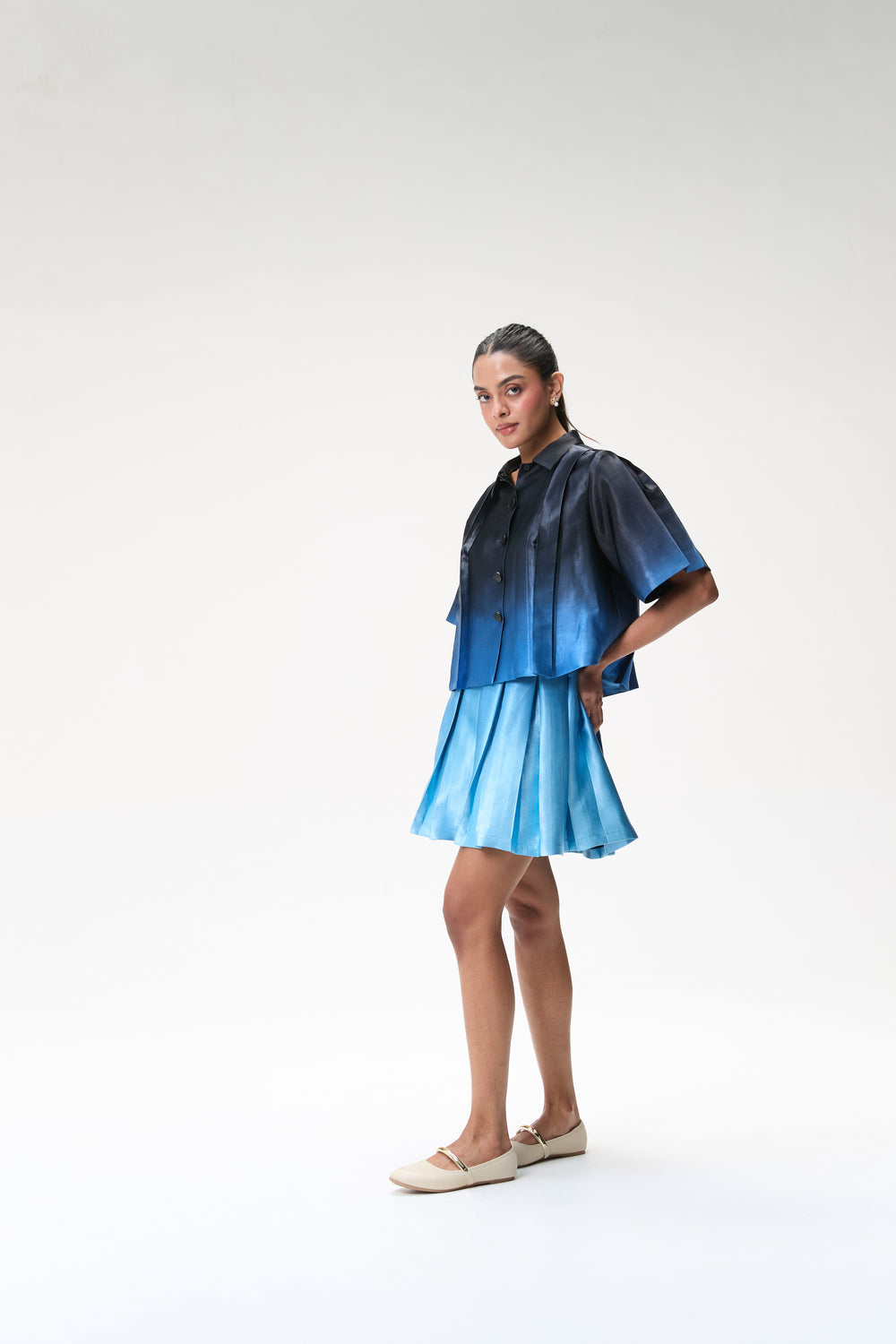 Midnight Blue Ombré Boxy Top & Blue Ombré Box Pleat Short Skirt