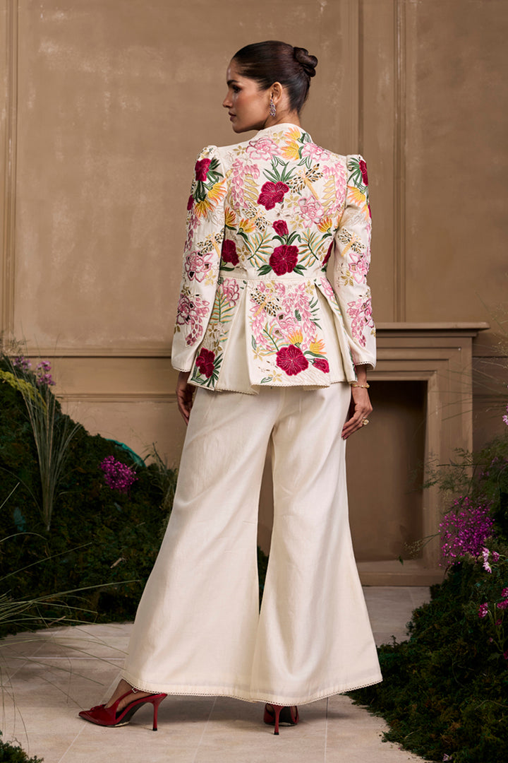 Ivory Floral Foliage Pleated Peplum Jacket