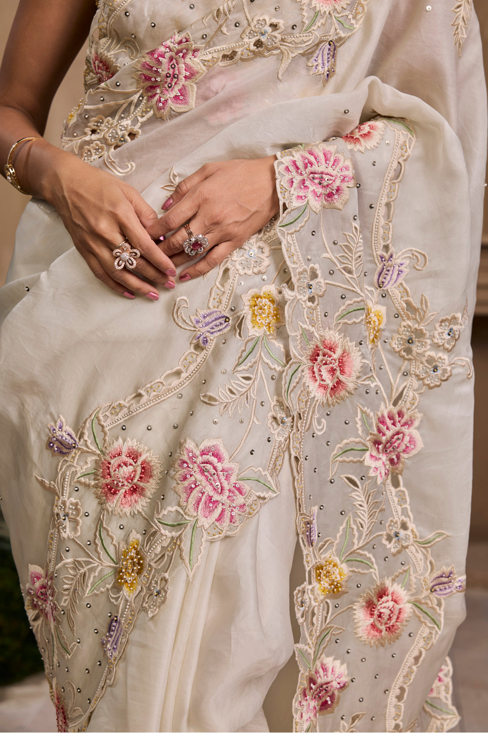 Ivory Pastel Floral Saree