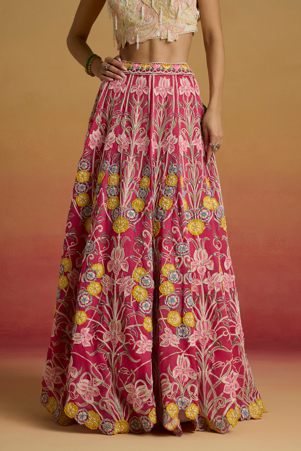Hot Pink Contrast Threadwork Lehenga