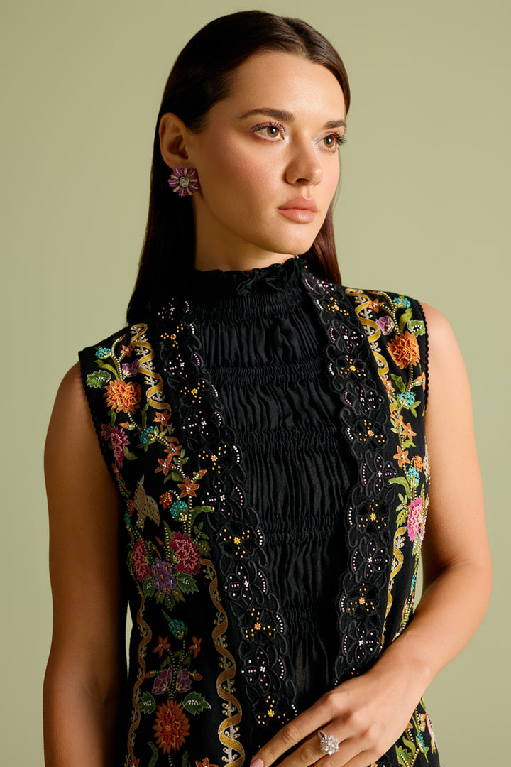 Black Ruched Cutwork Peplum Top