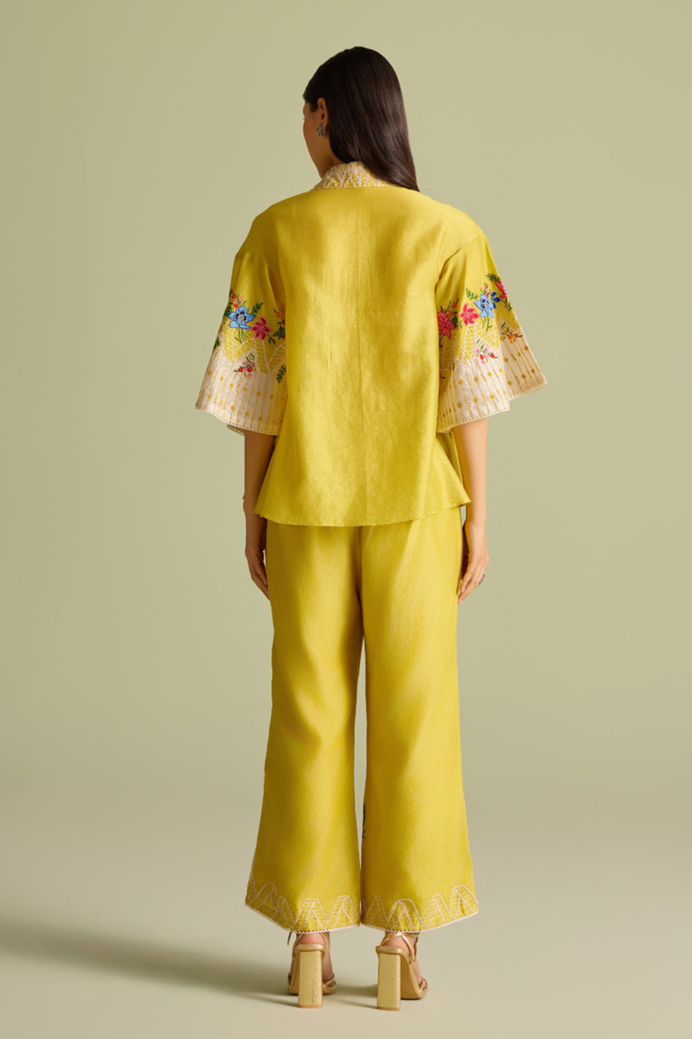 Yellow Floral Embroidered Color Block Pants