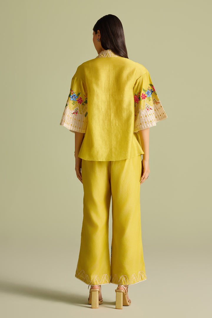 Yellow Floral Embroidered Color Block Pants