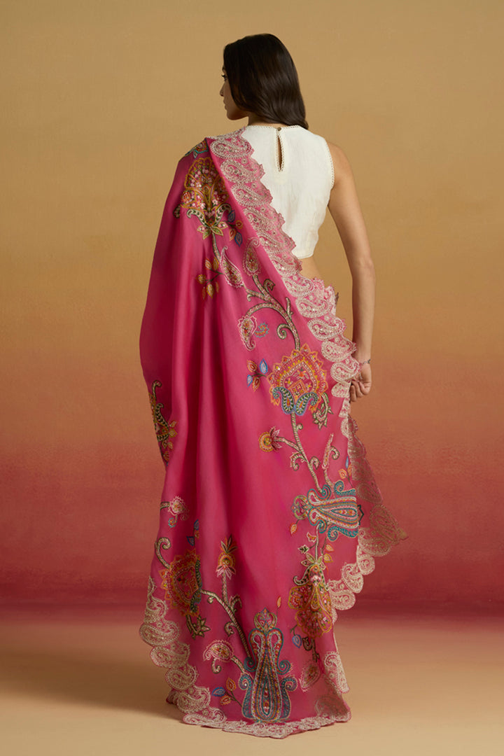 Hot Pink Contrast Cordwork Saree