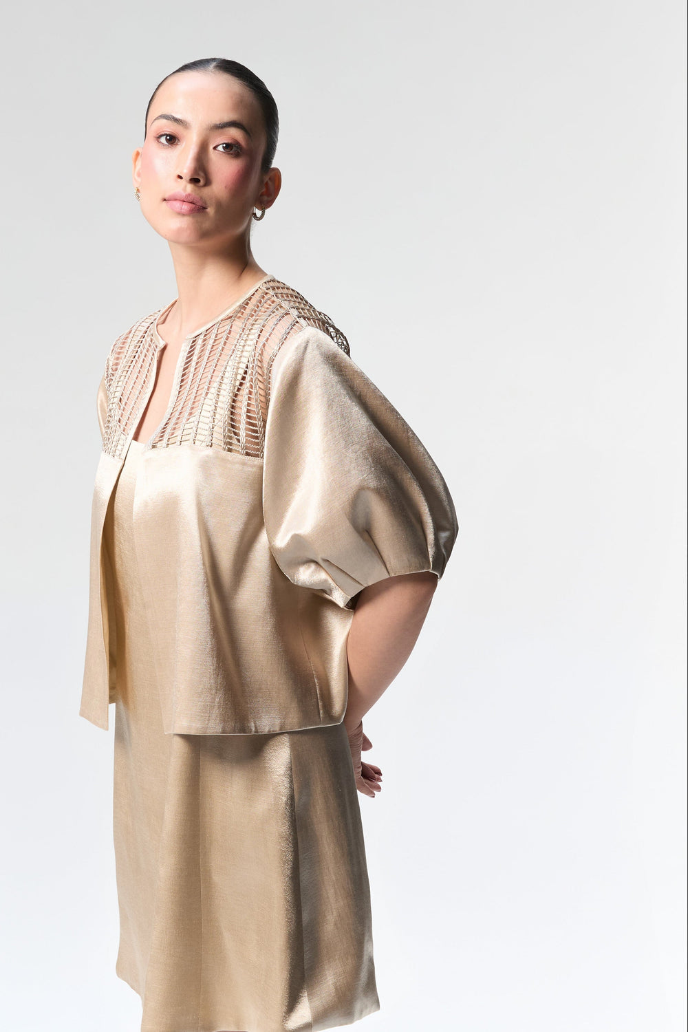 Champagne Bubble Sleeve Crop Jacket & Champagne Mini Dress