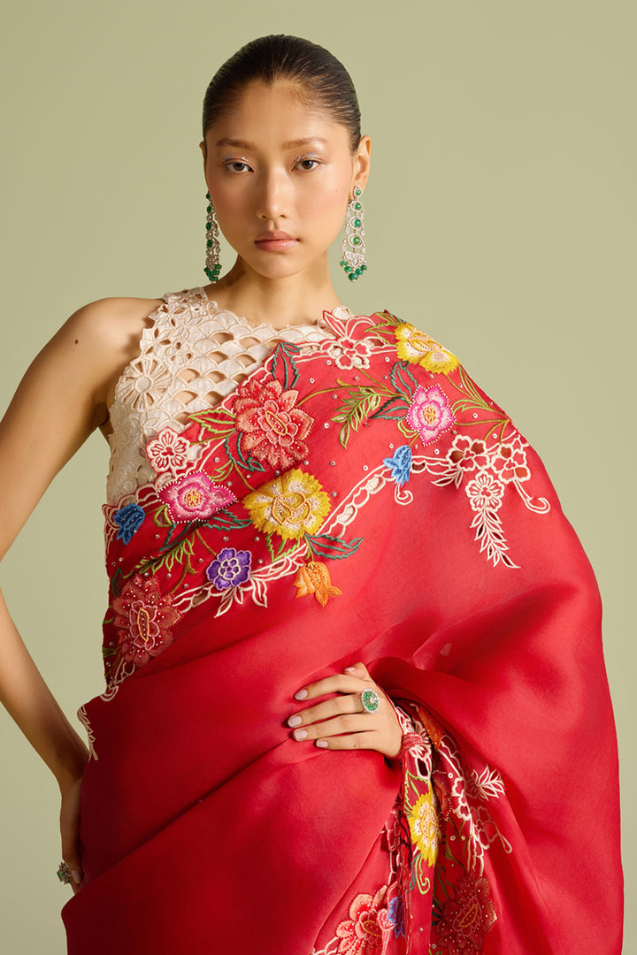 Red Multicolour Floral Embroidered Saree