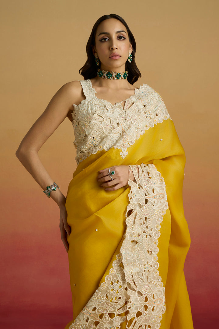 Yellow Contrast Cutwork Saree