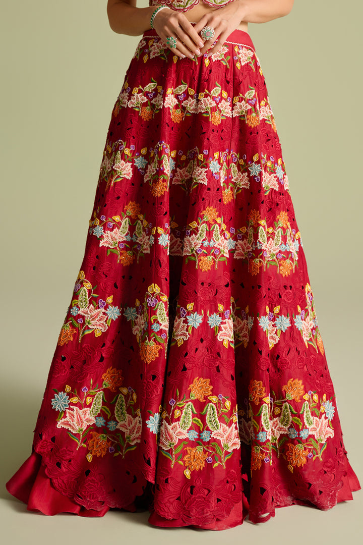 Red Floral Scallop Embroidered Lehenga