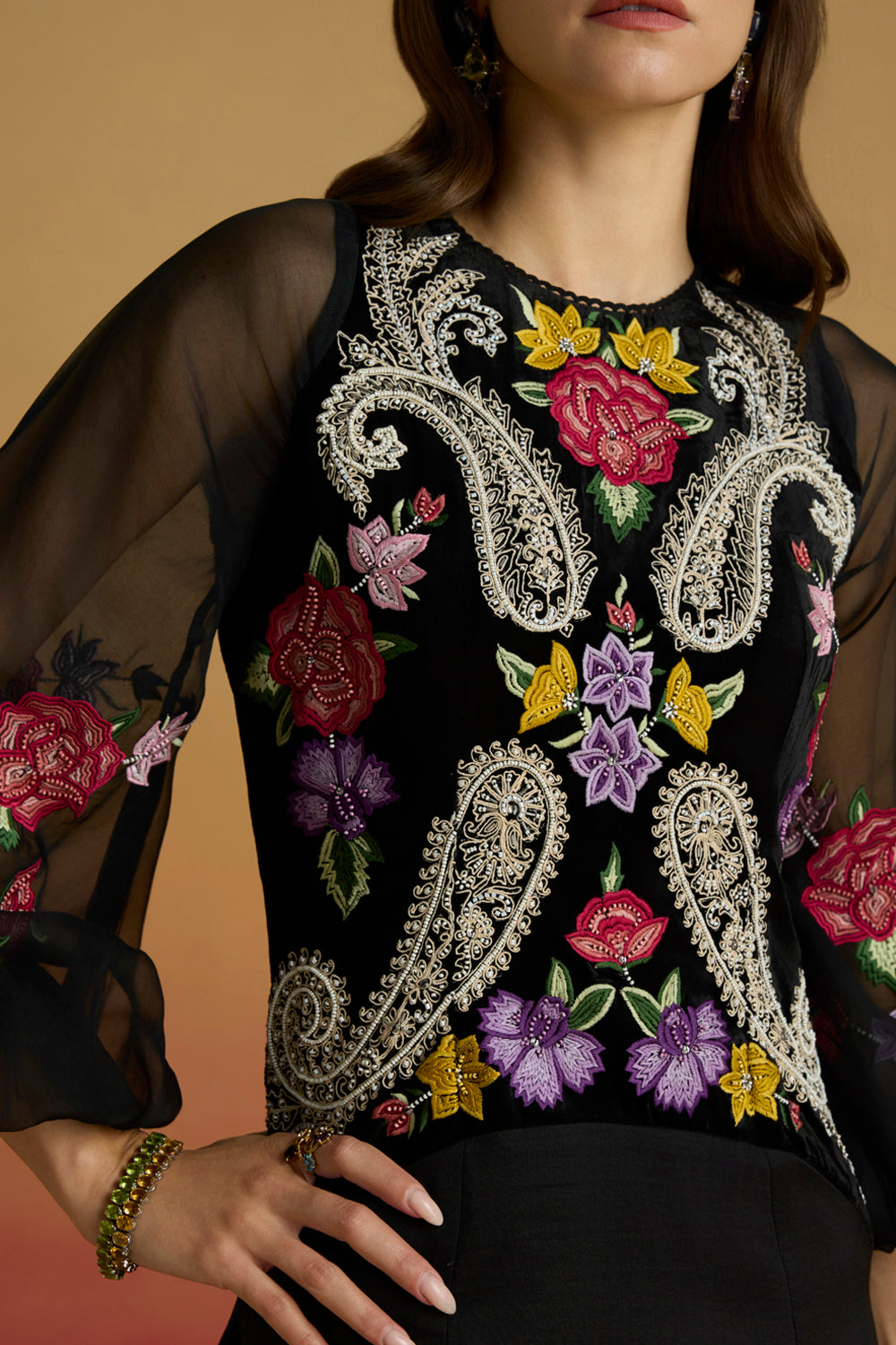 Black Contrast Paisley Flounce Dress