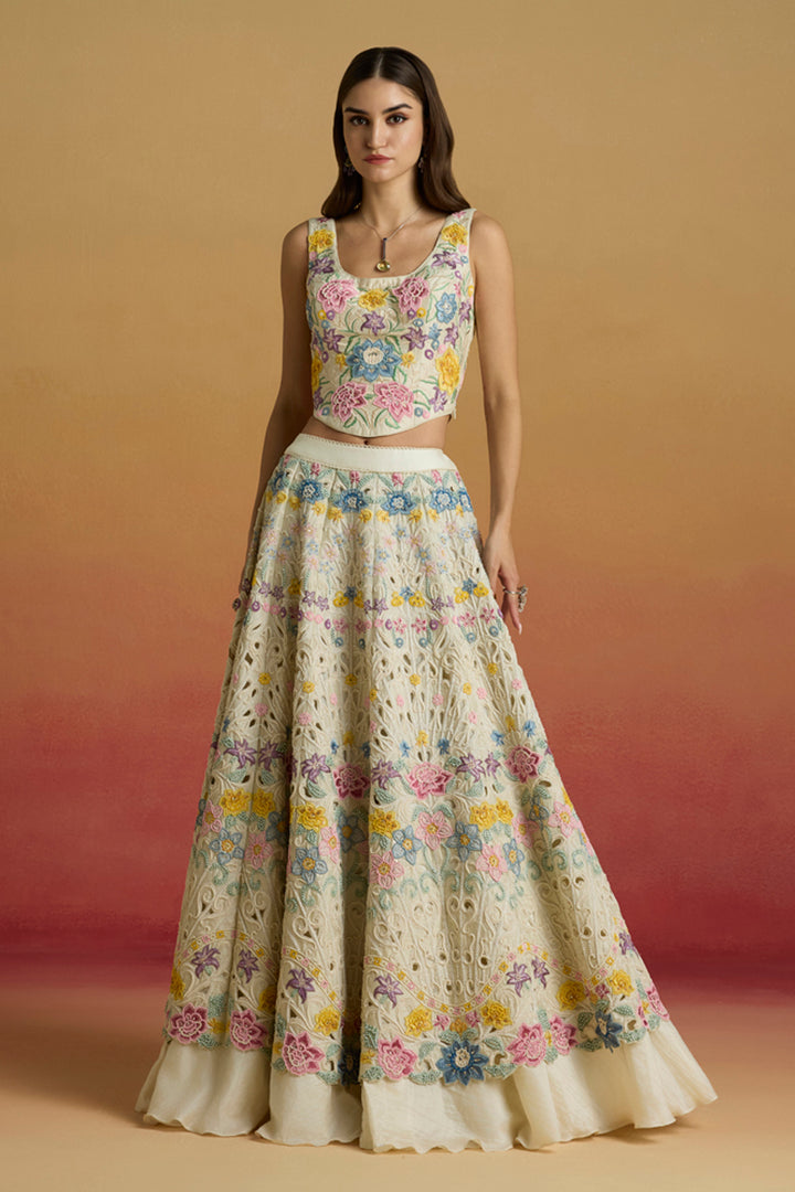Ivory Pastel Floral Cordwork Lehenga