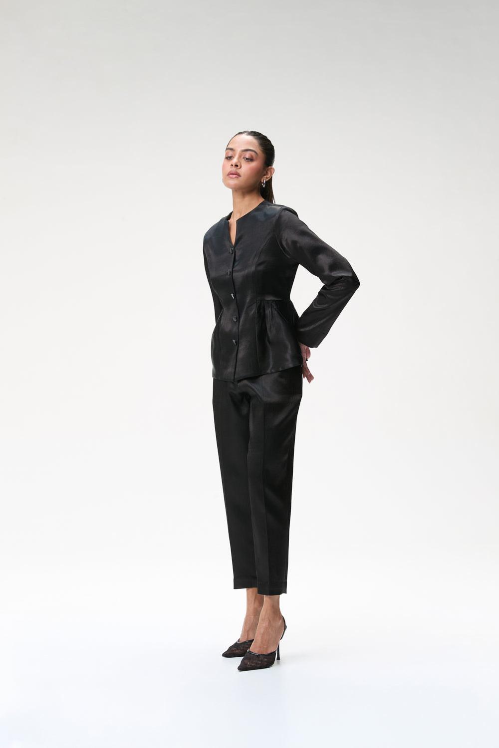 Black Peplum Jacket With Side Gathers & Black Tapered Trouser