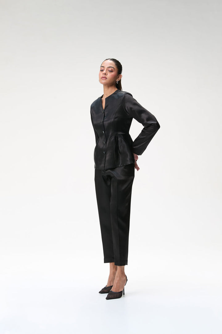 Black Peplum Jacket With Side Gathers & Black Tapered Trouser
