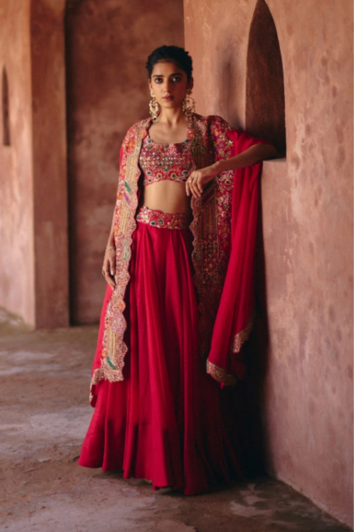 Gulrez Chanderi Blouse With Organza Heavy Cape & Organza Skirt