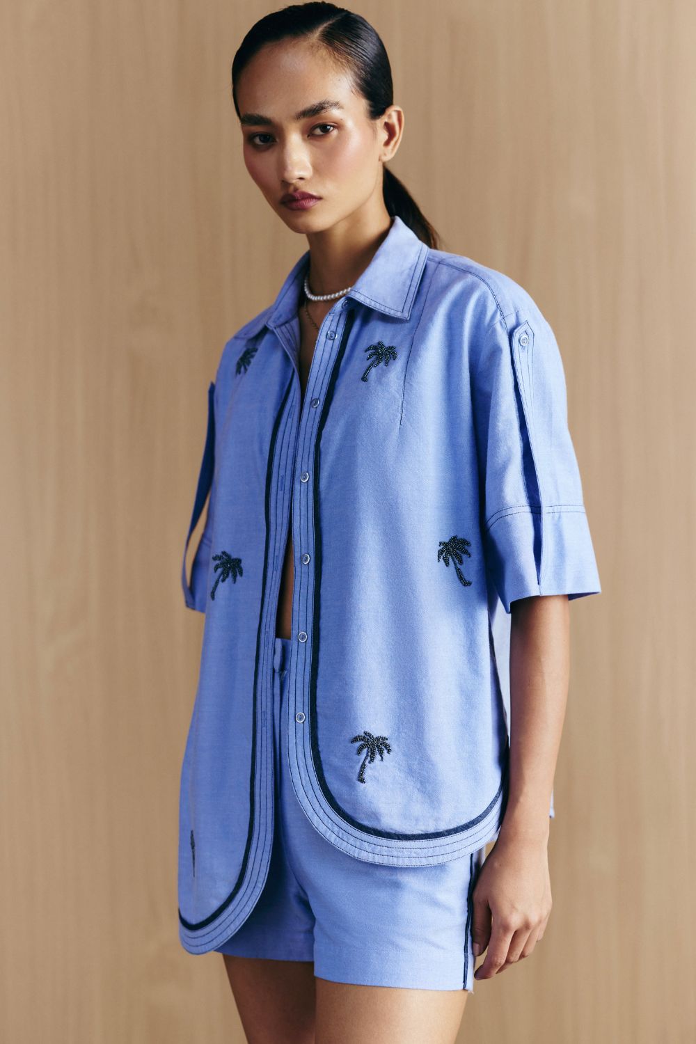 CHAMBRAY EMBELLISHED HI-LOW SHIRT