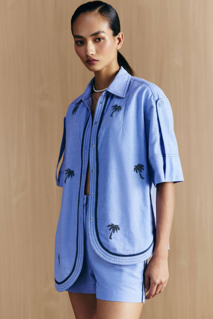 CHAMBRAY EMBELLISHED HI-LOW SHIRT
