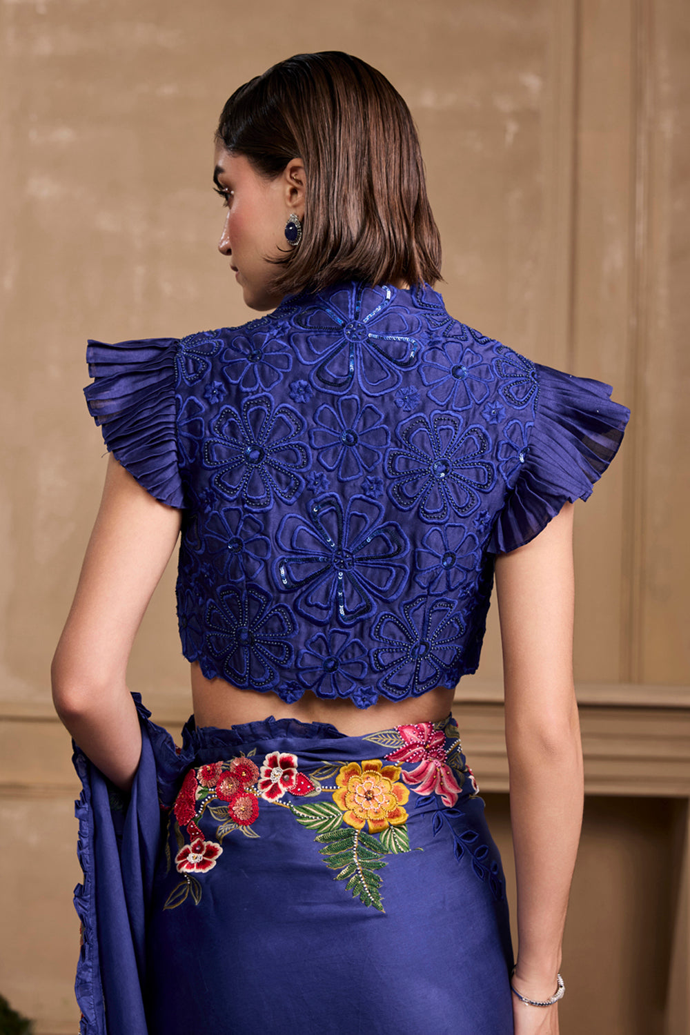 Cobalt Blue Floral Embroidered Saree