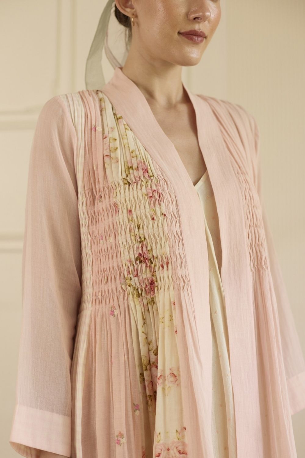 Pink Overlay/ Jacket With Slip and Pants Set