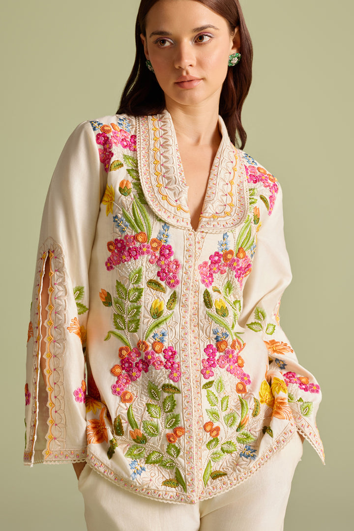 Ivory Floral Threadwork and Beadwork Flared Jacket