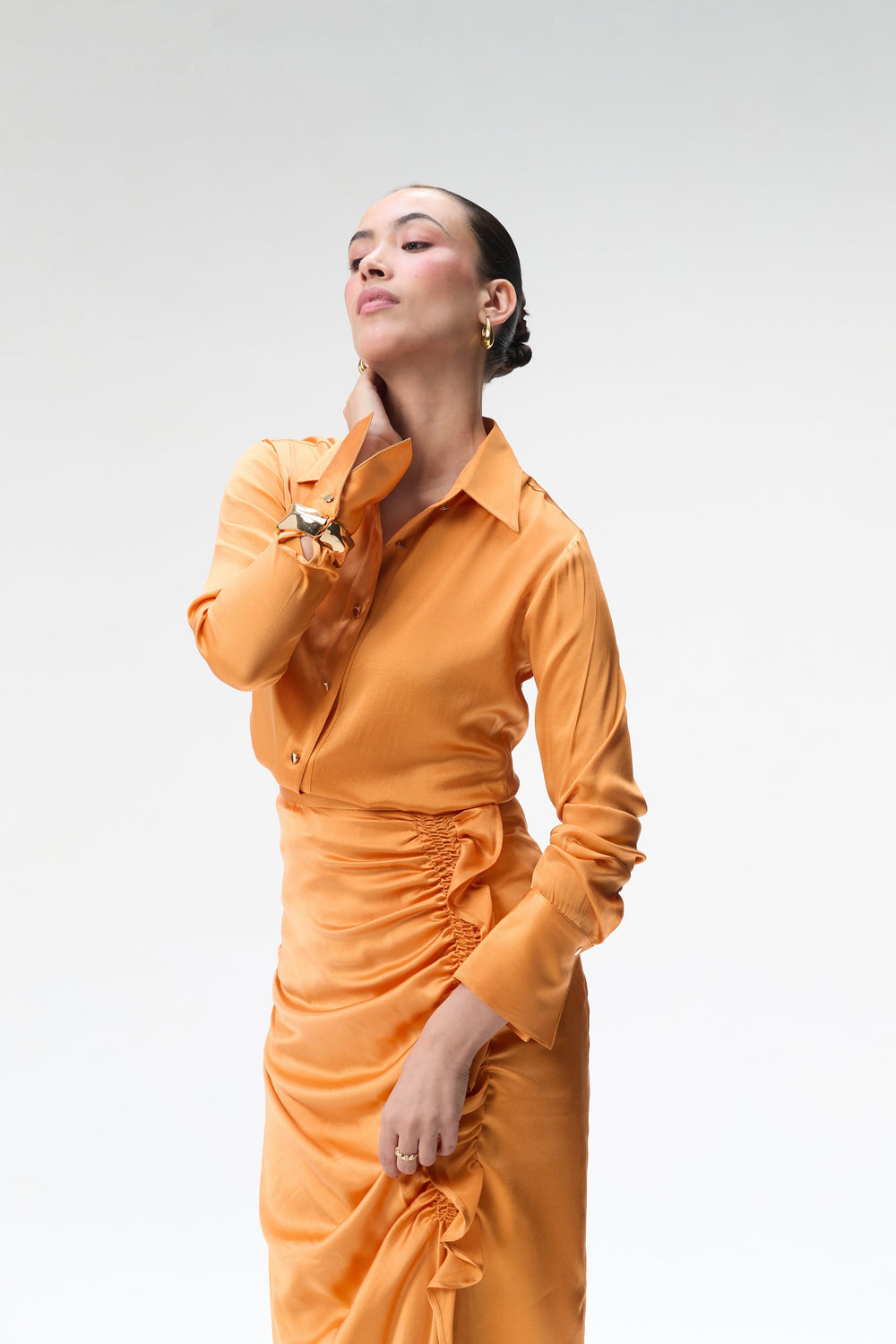 Coral Silk Shirt & Coral Side Ruched Silk Skirt