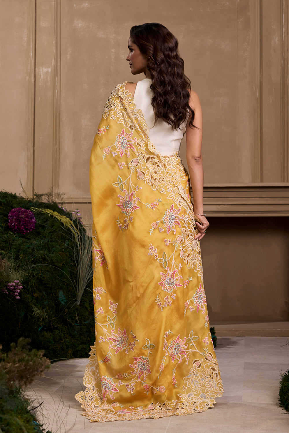 Yellow Contrast Cutwork Embroidered Saree