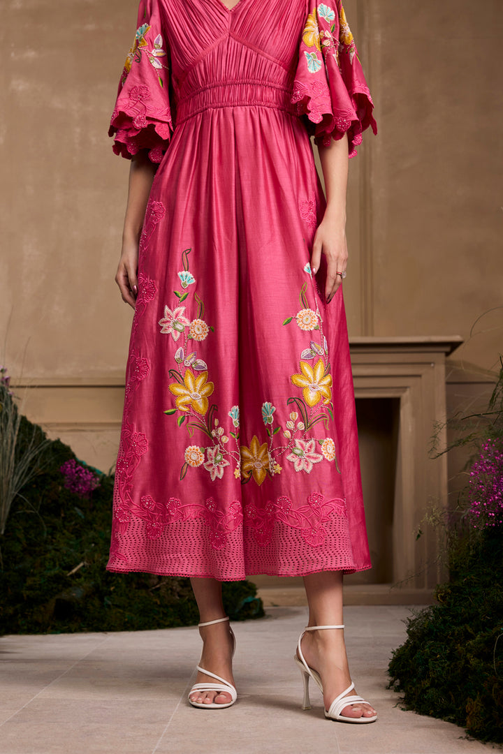 Fuchsia Floral Embroidered Ruched Dress